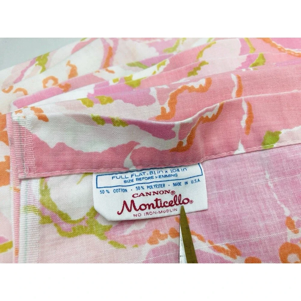 Vintage Cannon Monticello Full Size Flat Sheet Pink Floral 60s Retro Mod Hippie